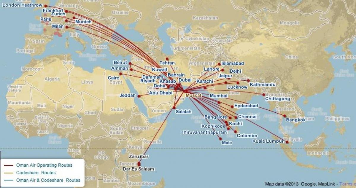 โอมานอากาศเที่ยวบินบนแผนที่